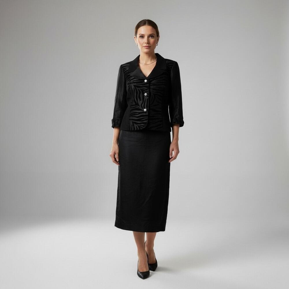 Nicolette Skirt Suit Size 18 Black Satin Zebra Print Church Suit Textured Bling
